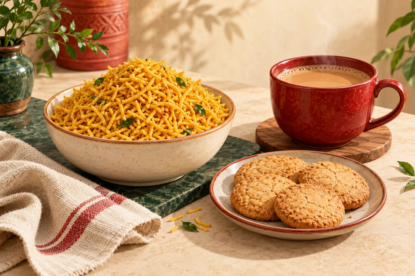 Illustrative chai-time spread with namkeen and atta biscuits