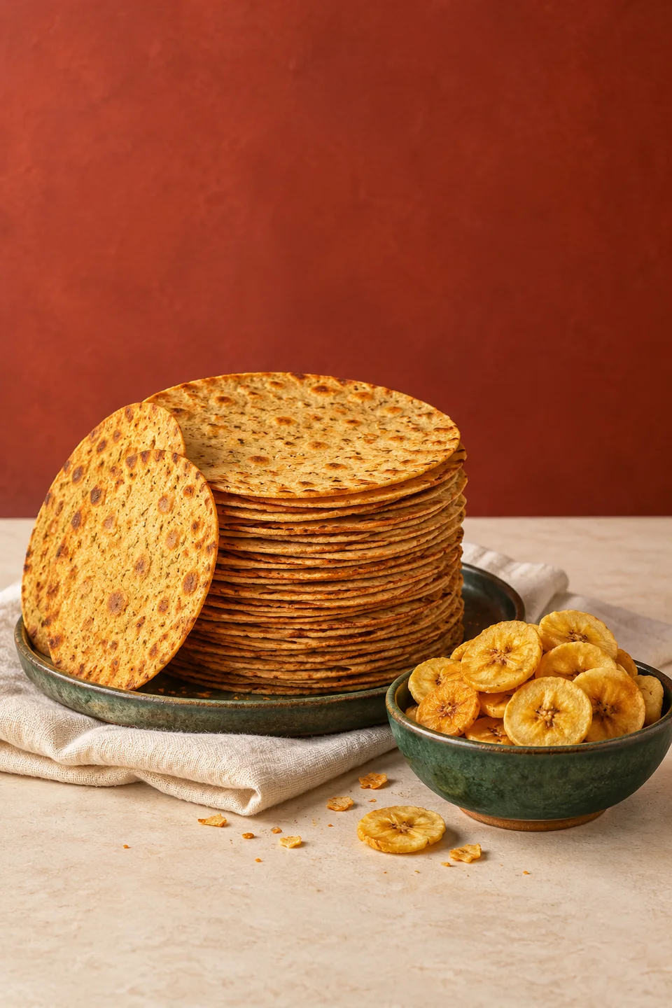 Illustrative stack of khakhra beside banana chips